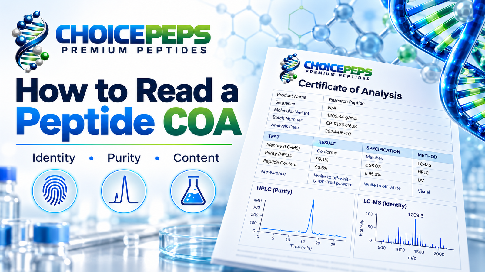 How to read a peptide COA showing identity, purity, and content testing